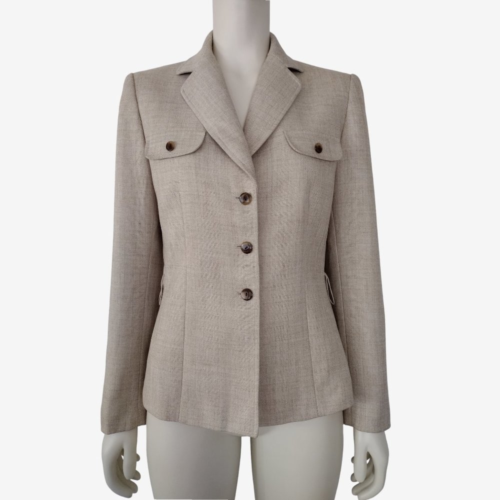 Tahari ASL Tan 3 Button Faux Pocket Tailored Sut Jacket Size 6